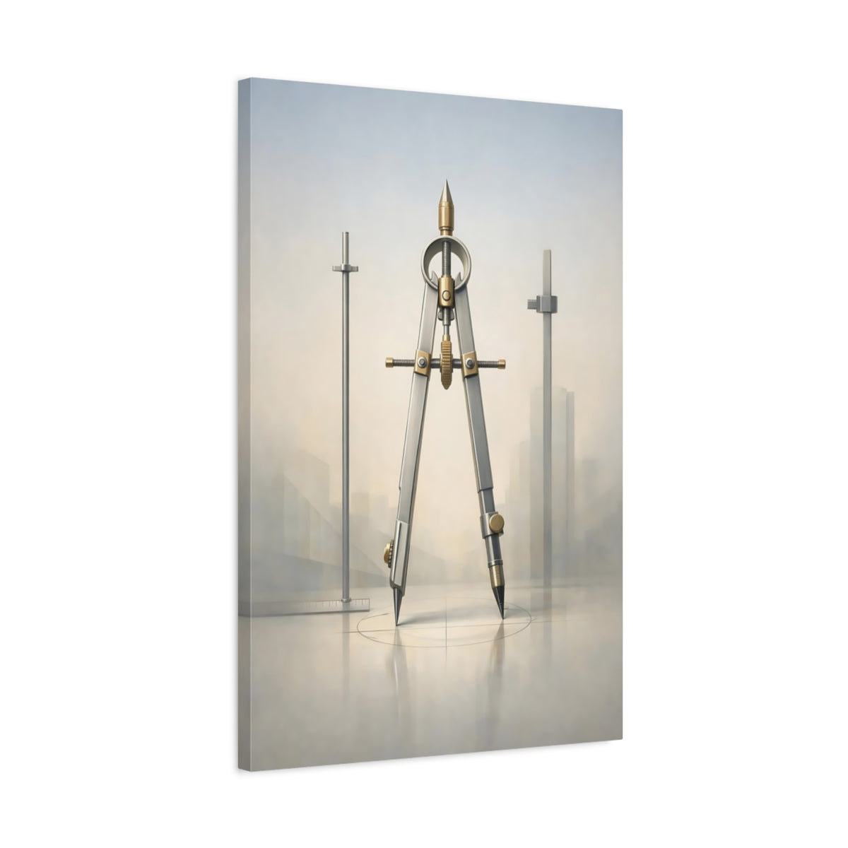 Side Mockup 2. Vintage Drafting Compass Silver Gold Compass shown as stretched canvas wall art