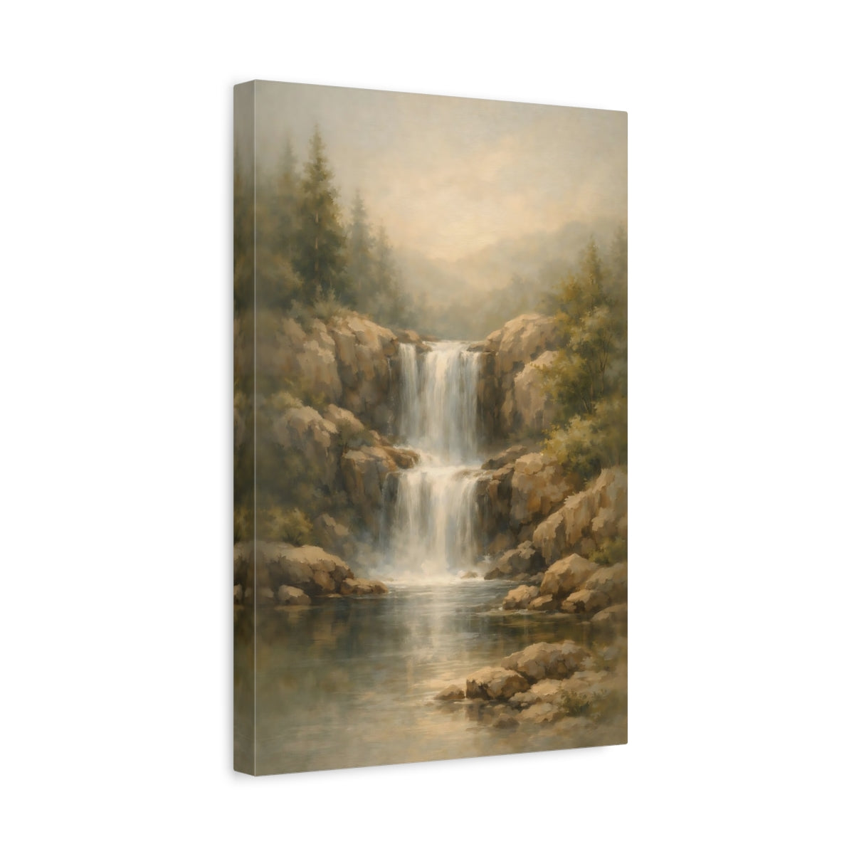 Side Mockup 4. Nature Waterfall Brown And Green shown as stretched canvas wall art