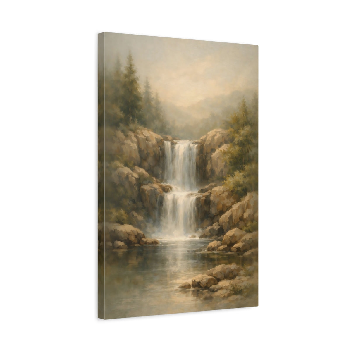 Side Mockup 3. Nature Waterfall Brown And Green shown as stretched canvas wall art