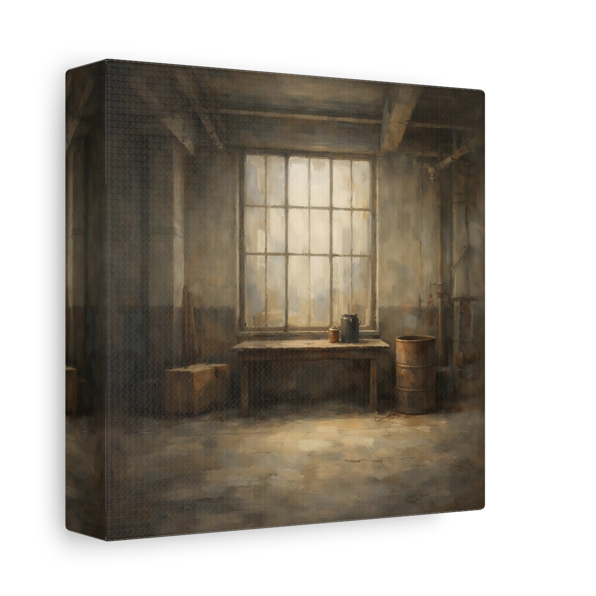 Side Mockup 1. Vintage Industrial Window Brown And Gray shown as stretched canvas wall art