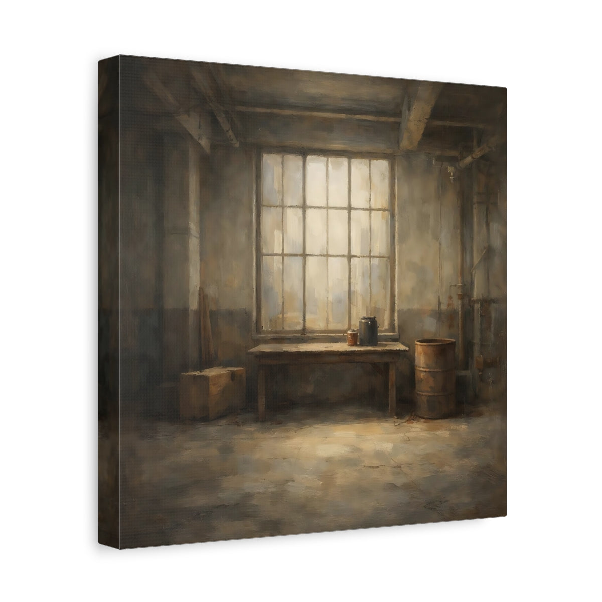Side Mockup 8. Vintage Industrial Window Brown And Gray shown as stretched canvas wall art