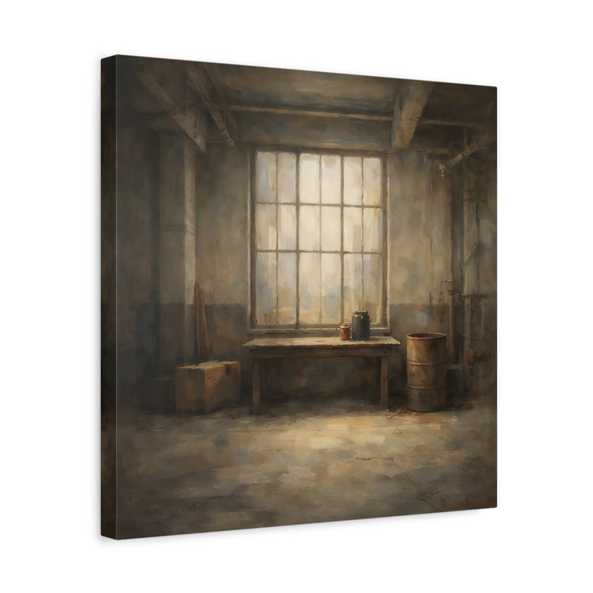 Side Mockup 6. Vintage Industrial Window Brown And Gray shown as stretched canvas wall art
