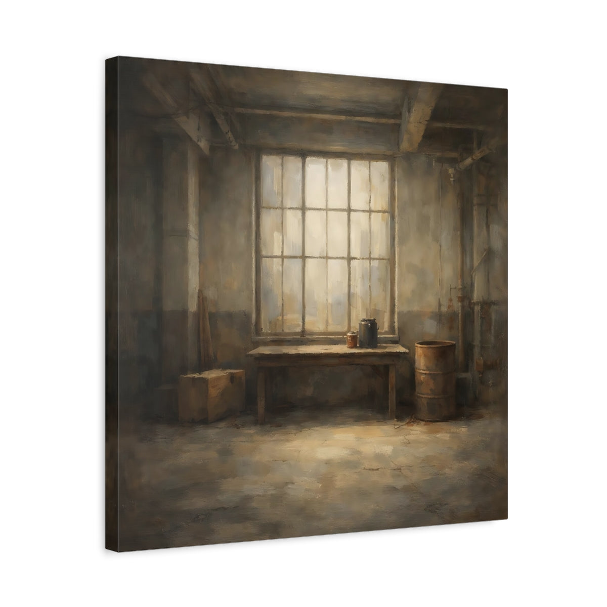 Side Mockup 5. Vintage Industrial Window Brown And Gray shown as stretched canvas wall art