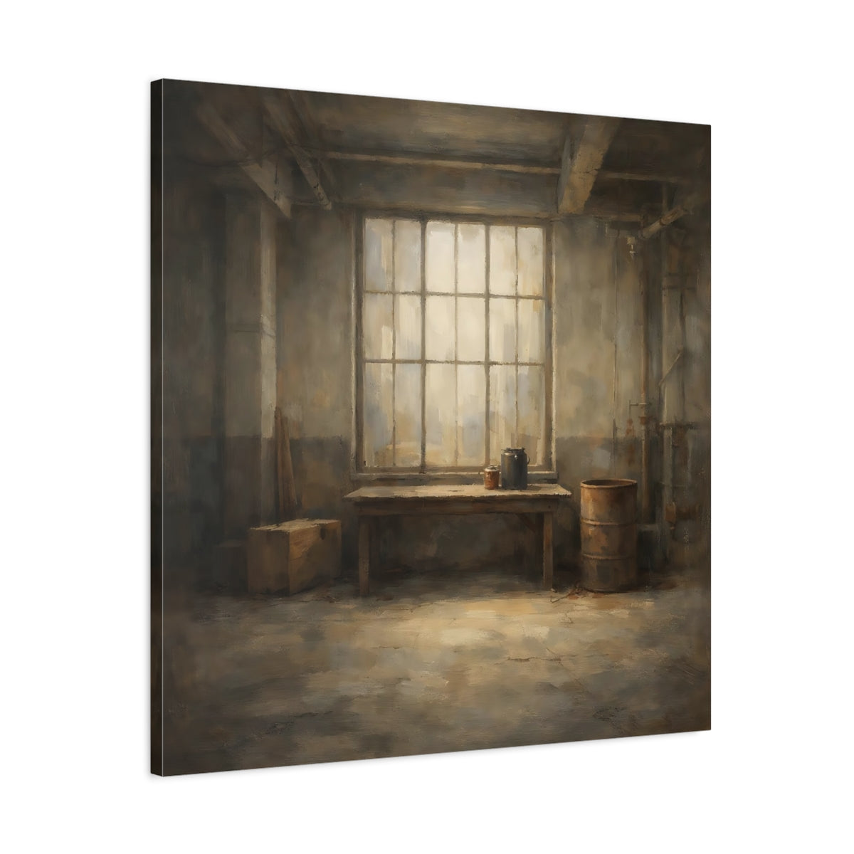 Side Mockup 3. Vintage Industrial Window Brown And Gray shown as stretched canvas wall art