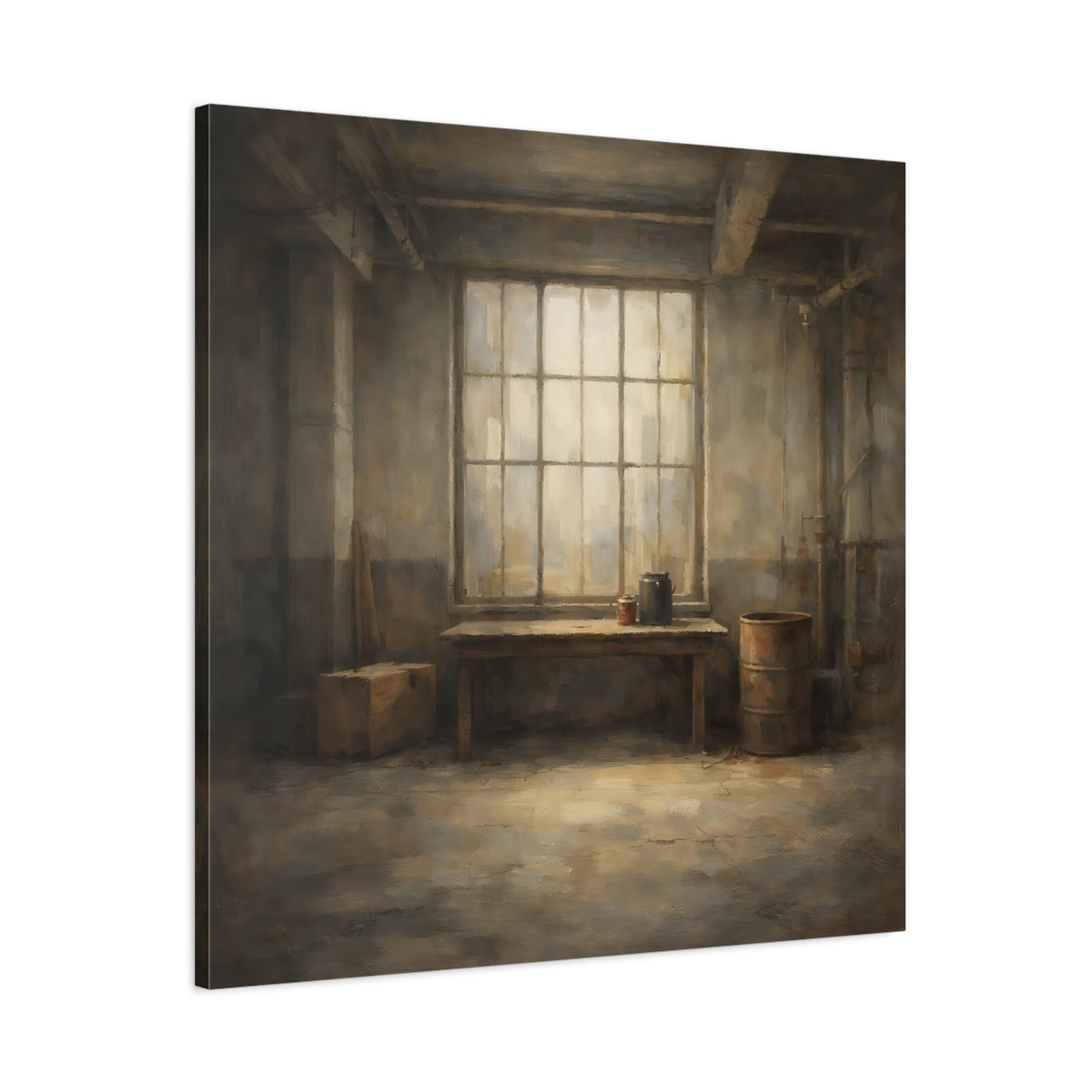 Side Mockup 2. Vintage Industrial Window Brown And Gray shown as stretched canvas wall art