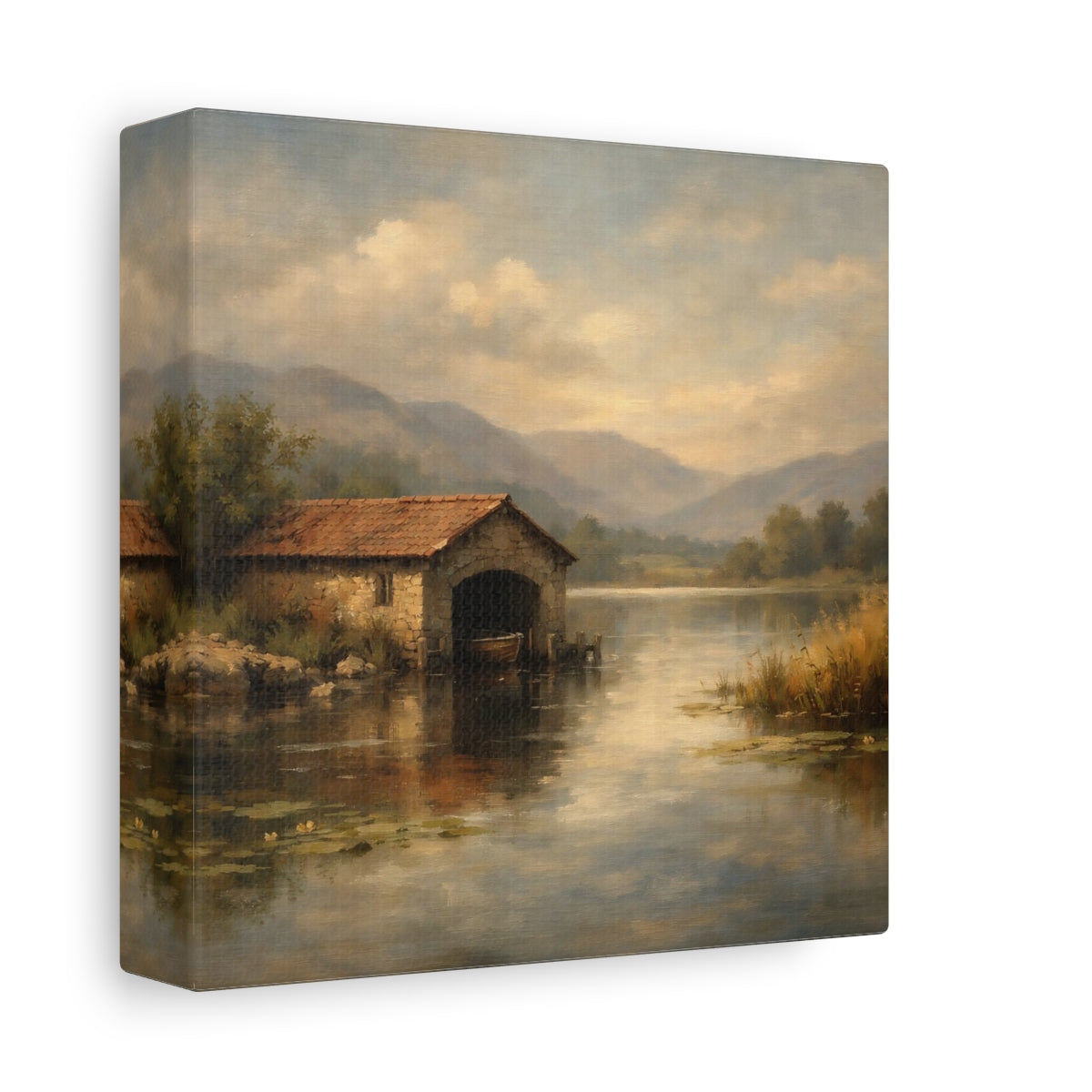 Side Mockup 1. Nature Boathouse Misty Lake Landscape shown as stretched canvas wall art