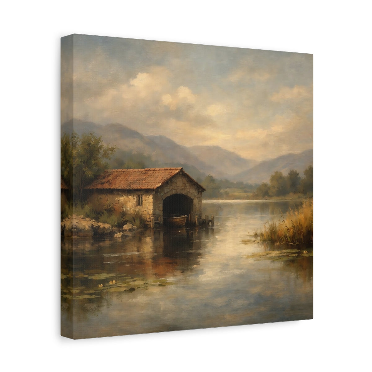 Side Mockup 8. Nature Boathouse Misty Lake Landscape shown as stretched canvas wall art