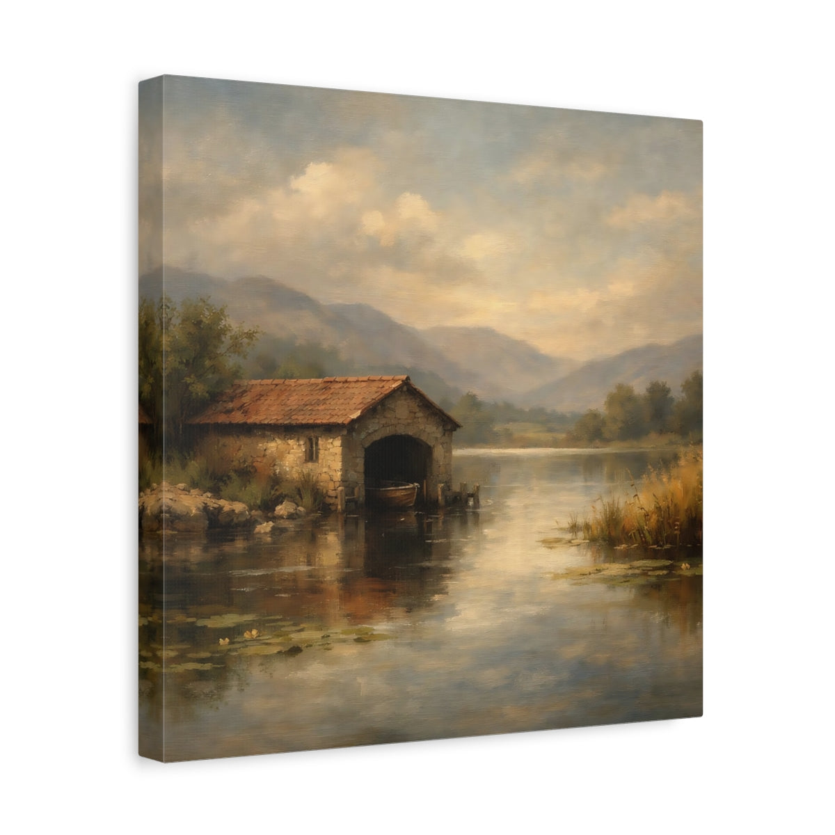 Side Mockup 7. Nature Boathouse Misty Lake Landscape shown as stretched canvas wall art