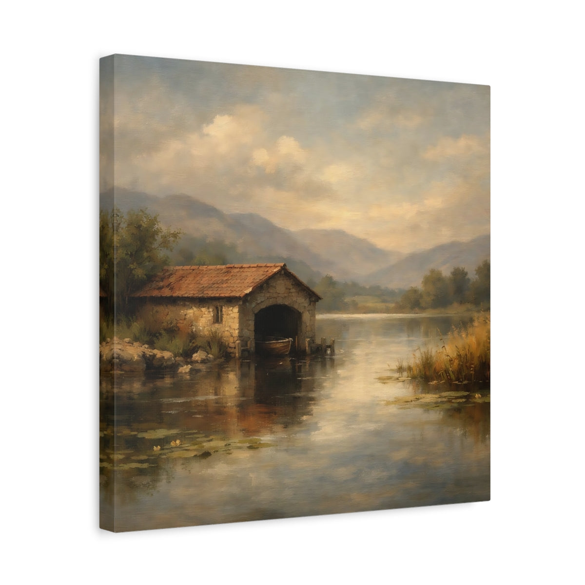Side Mockup 6. Nature Boathouse Misty Lake Landscape shown as stretched canvas wall art