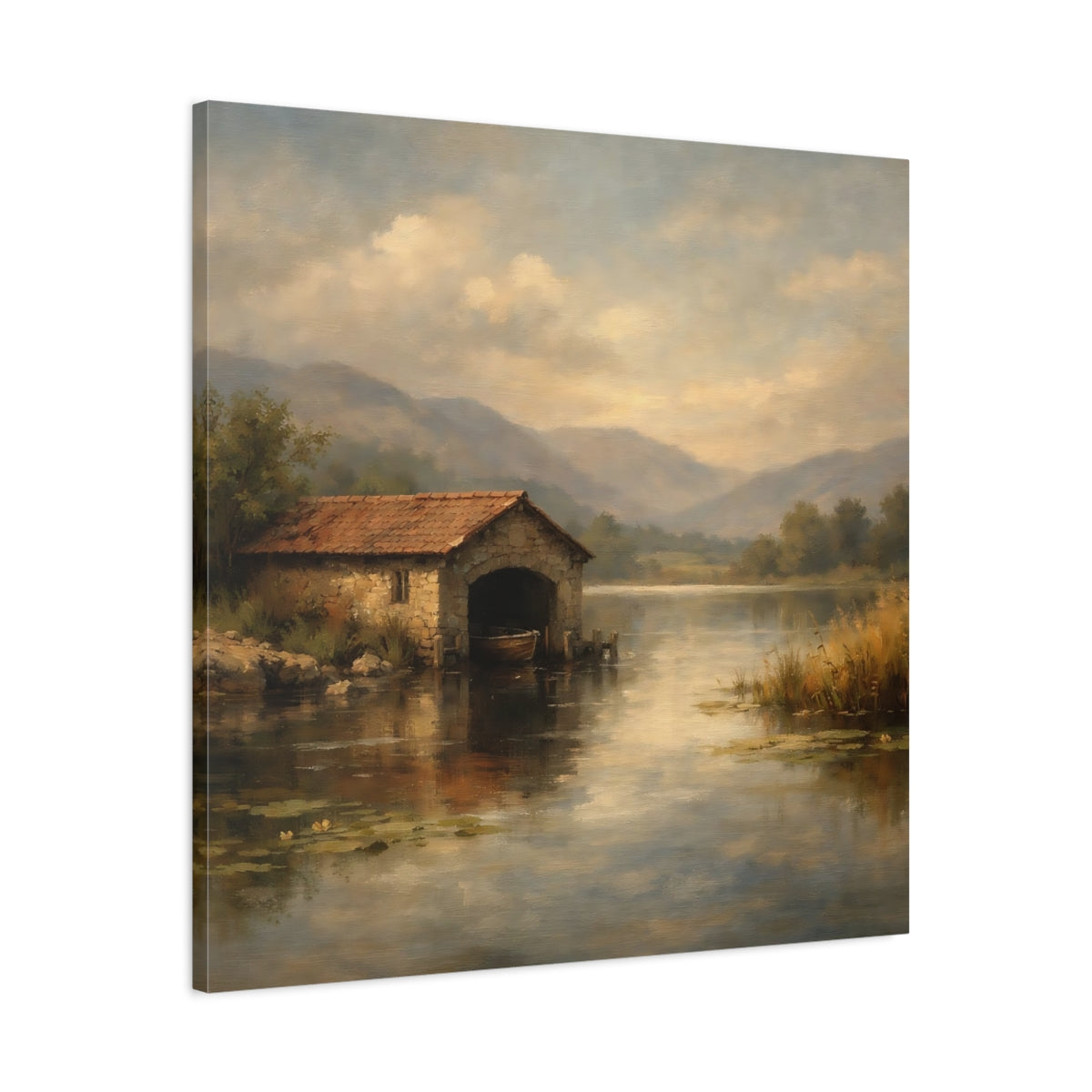 Side Mockup 3. Nature Boathouse Misty Lake Landscape shown as stretched canvas wall art