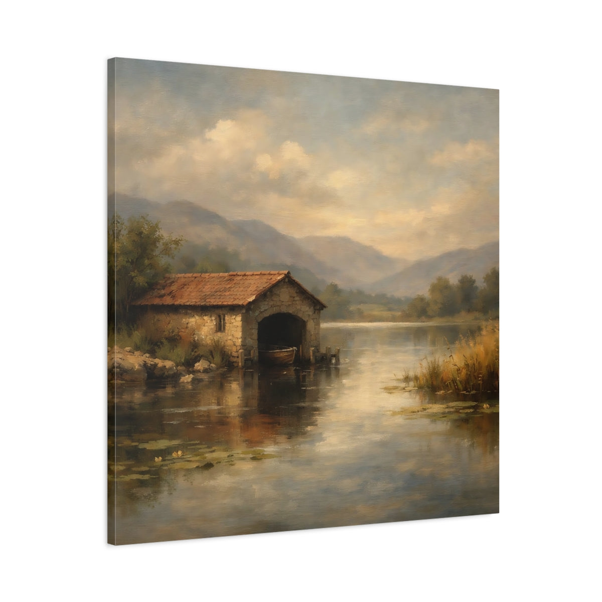 Side Mockup 2. Nature Boathouse Misty Lake Landscape shown as stretched canvas wall art