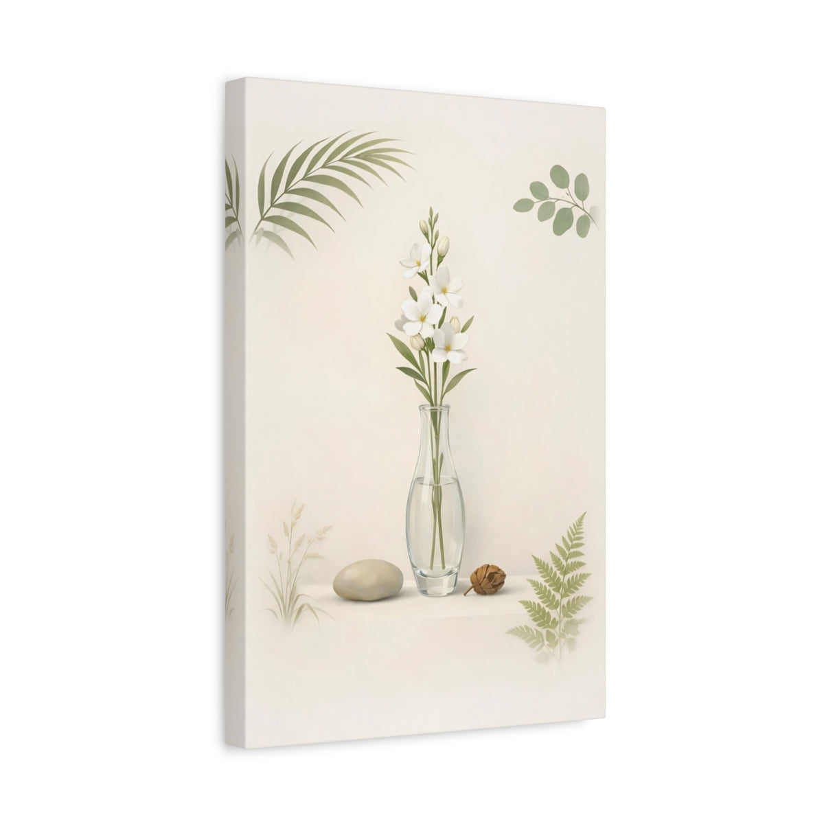 Nature White Flowers Cream And Green - Canvas Wall Art Print