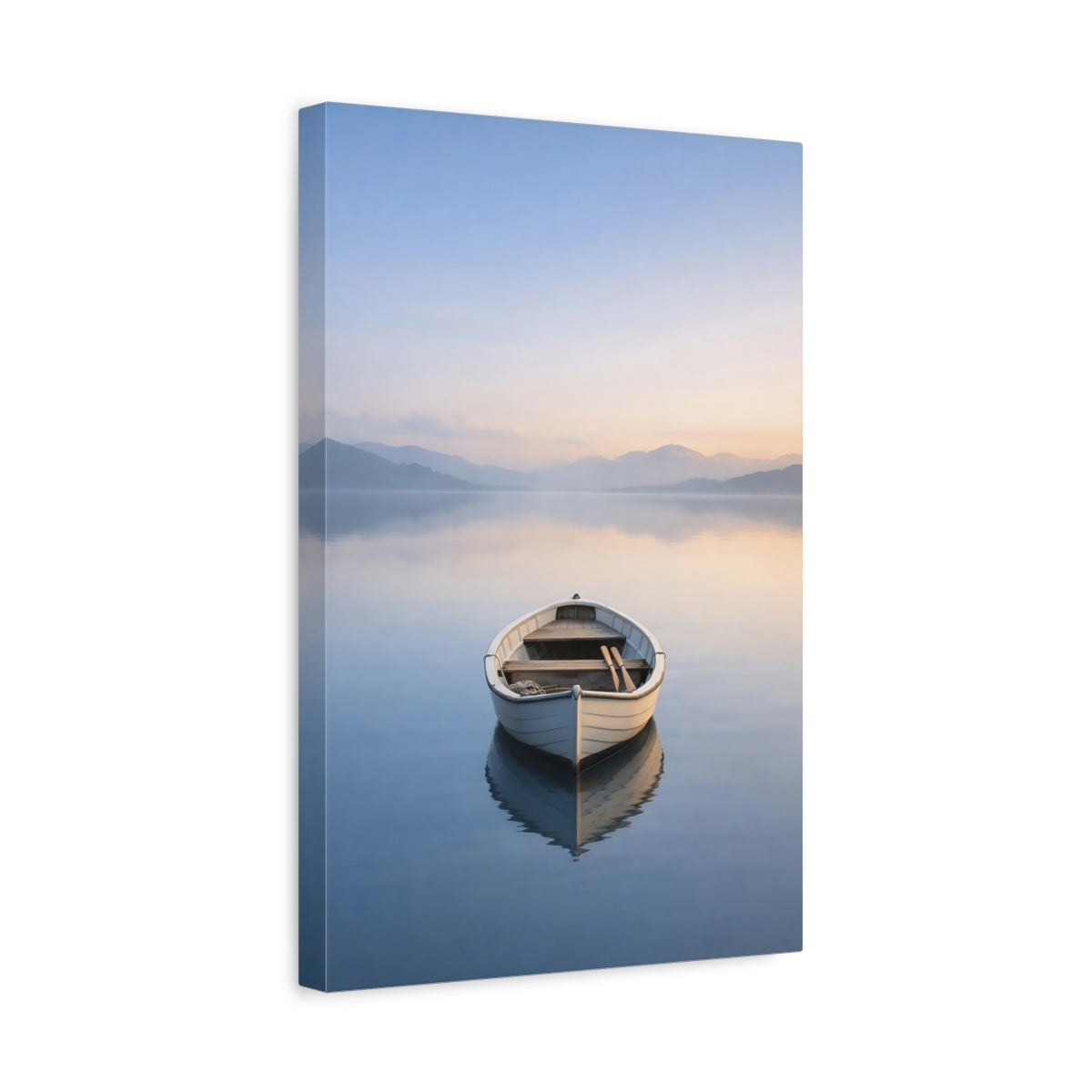 Side Mockup 4. Nature Rowboat Pastel Lake Boat shown as stretched canvas wall art