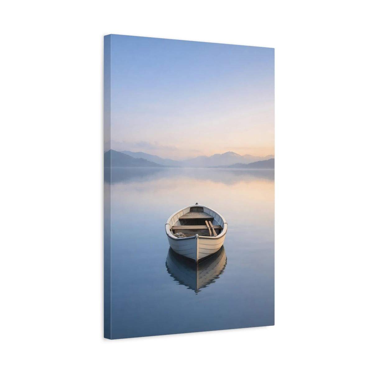 Side Mockup 3. Nature Rowboat Pastel Lake Boat shown as stretched canvas wall art