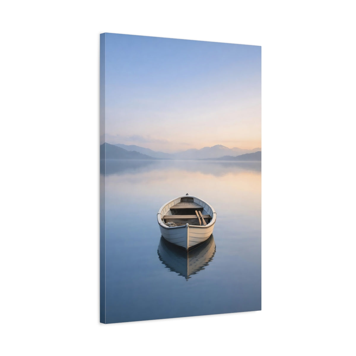 Side Mockup 2. Nature Rowboat Pastel Lake Boat shown as stretched canvas wall art