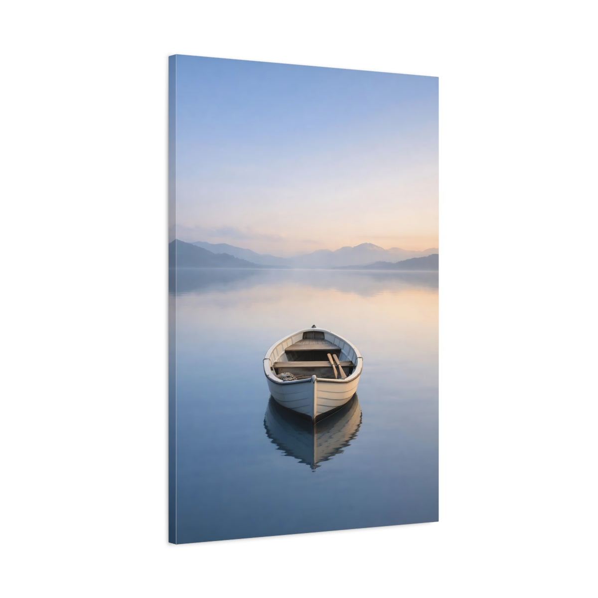 Side Mockup 1. Nature Rowboat Pastel Lake Boat shown as stretched canvas wall art