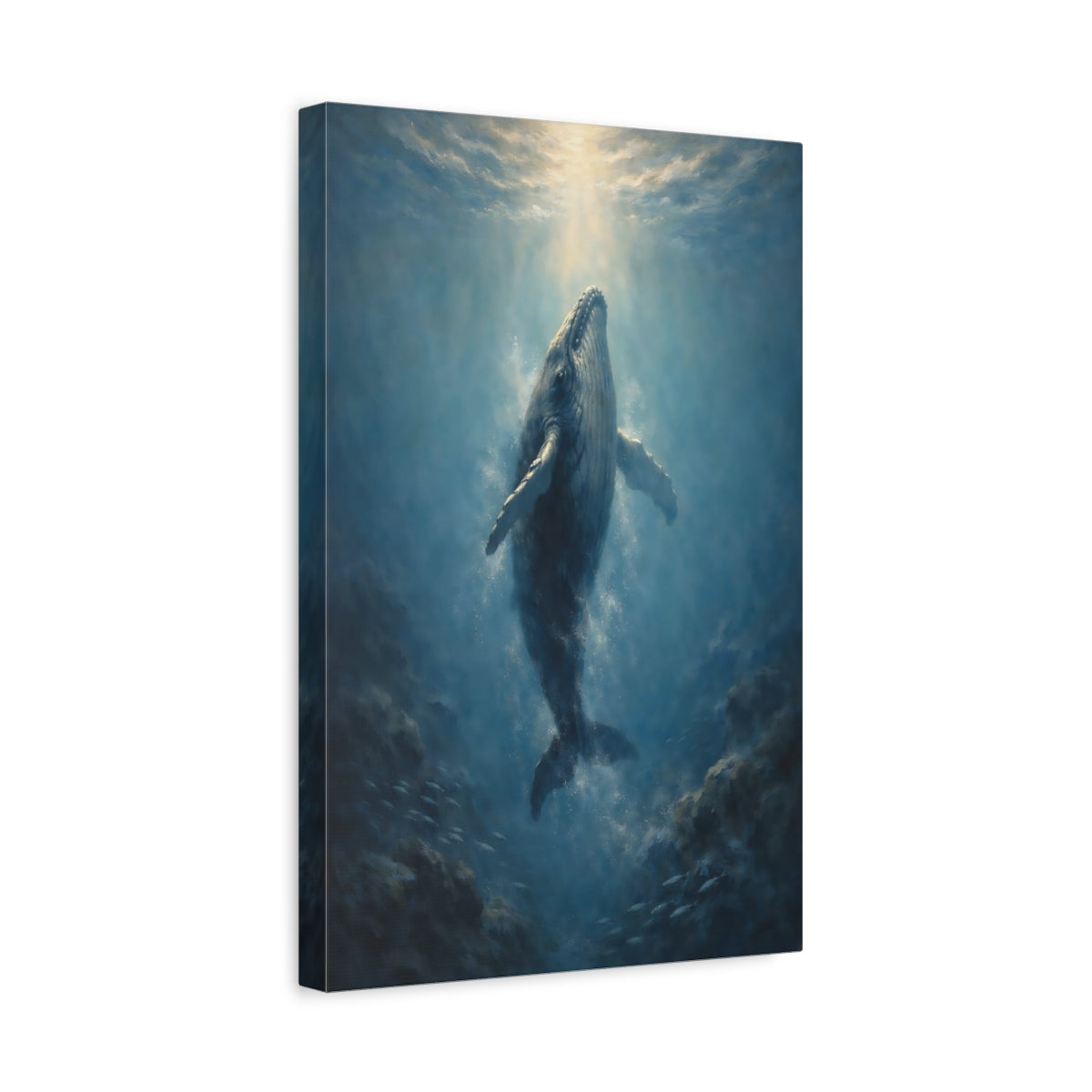 Side Mockup 4. Animals Whale Blue Whale shown as stretched canvas wall art