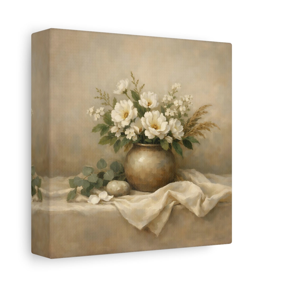Side Mockup 1. Floral White Flowers Beige White Floral shown as stretched canvas wall art