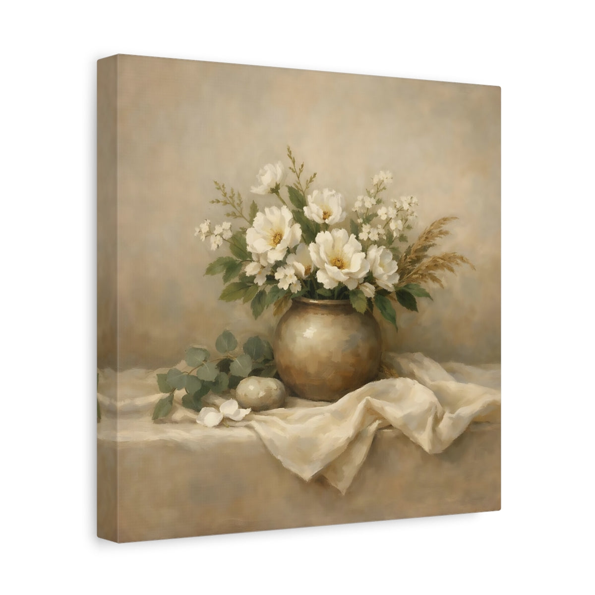 Side Mockup 8. Floral White Flowers Beige White Floral shown as stretched canvas wall art