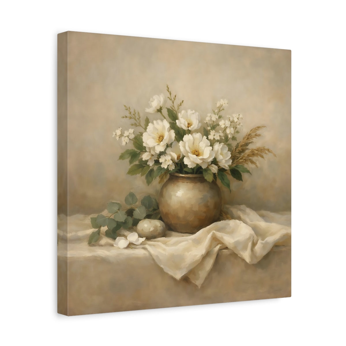Side Mockup 7. Floral White Flowers Beige White Floral shown as stretched canvas wall art