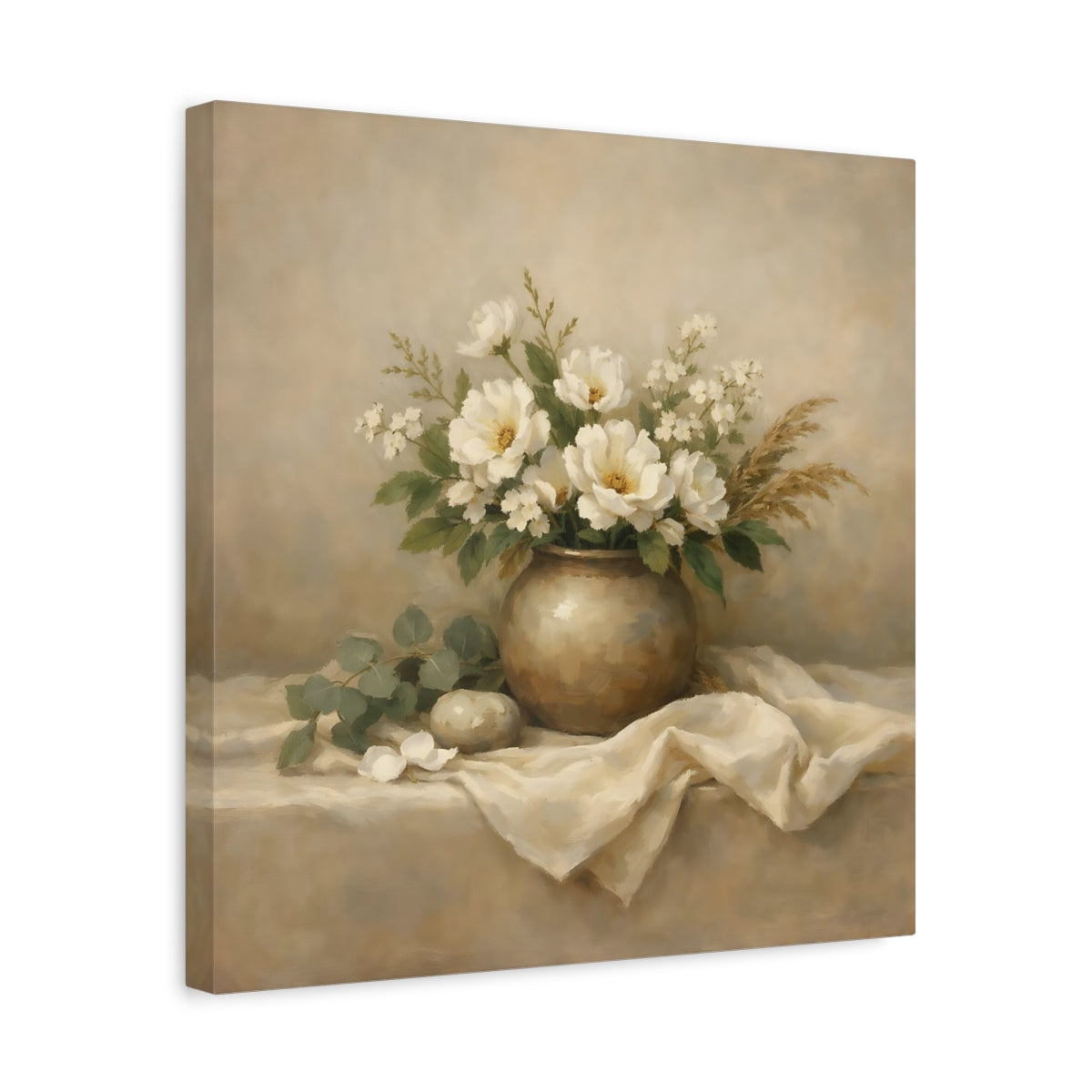 Side Mockup 6. Floral White Flowers Beige White Floral shown as stretched canvas wall art