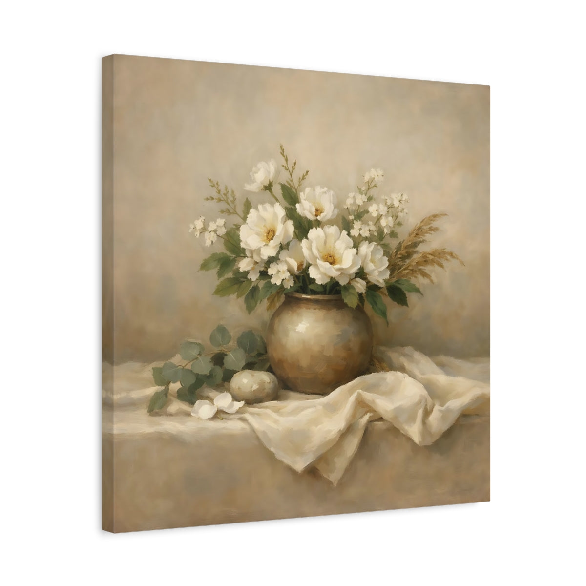 Side Mockup 5. Floral White Flowers Beige White Floral shown as stretched canvas wall art