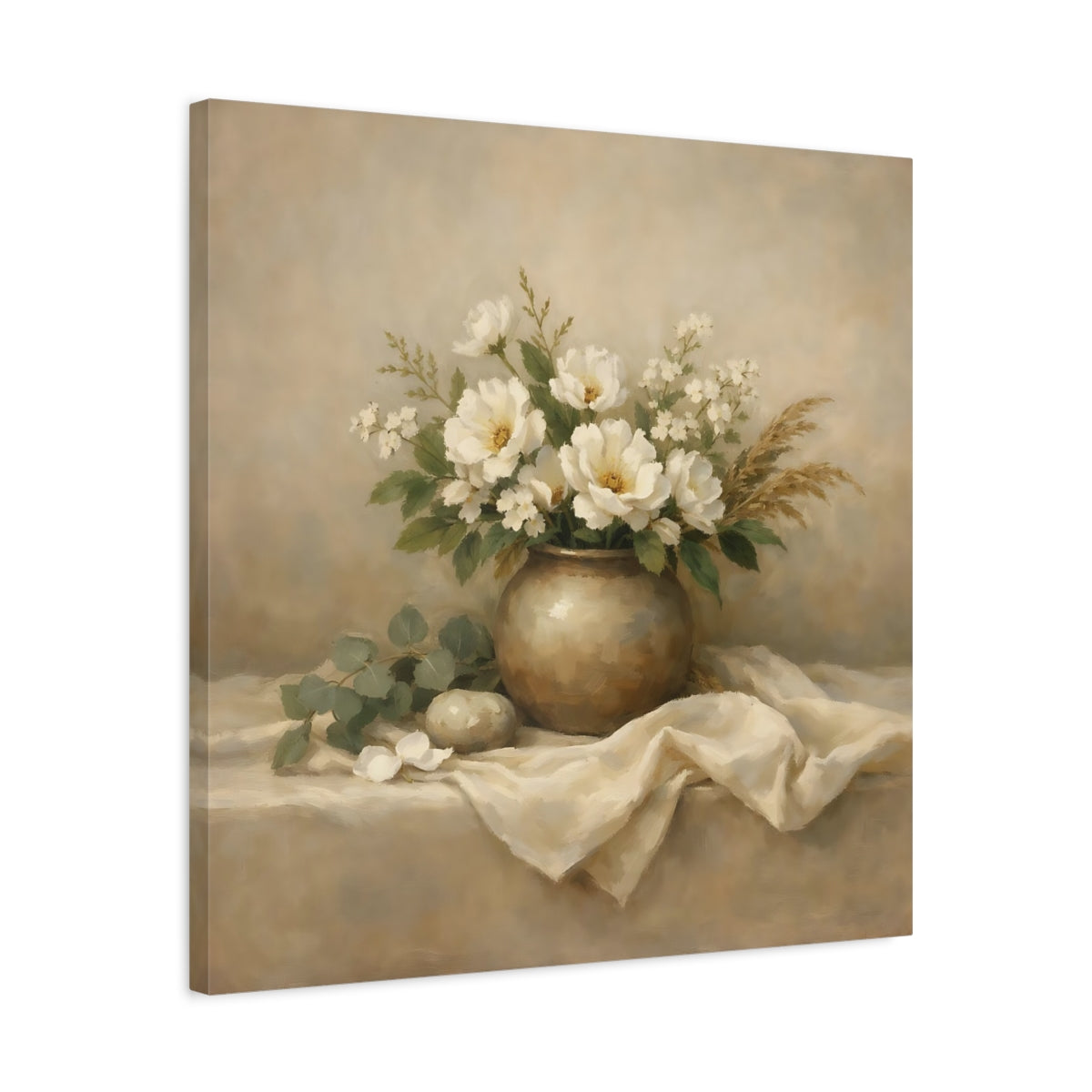 Side Mockup 4. Floral White Flowers Beige White Floral shown as stretched canvas wall art