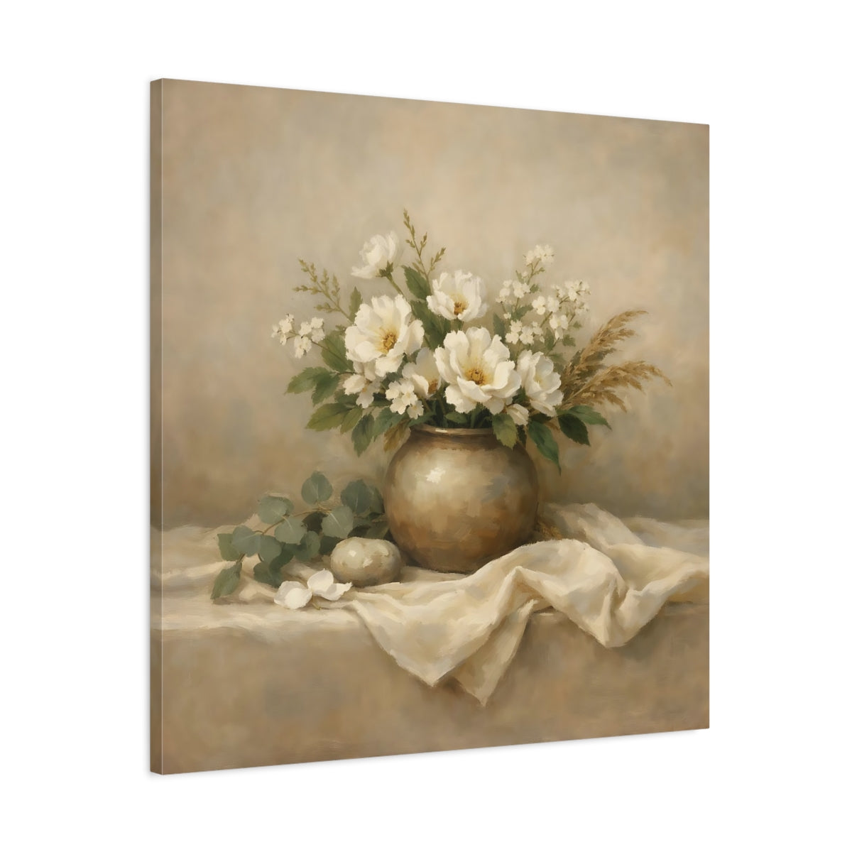 Side Mockup 3. Floral White Flowers Beige White Floral shown as stretched canvas wall art
