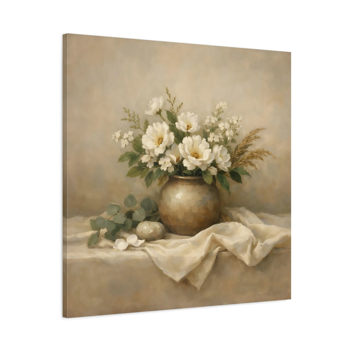 Side Mockup 2. Floral White Flowers Beige White Floral shown as stretched canvas wall art