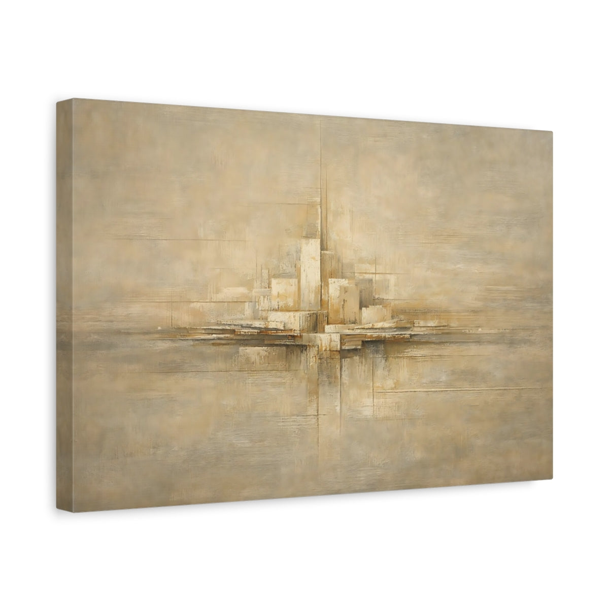 Side Mockup 4. Abstract Abstract Cityscape Beige Abstract City shown as stretched canvas wall art