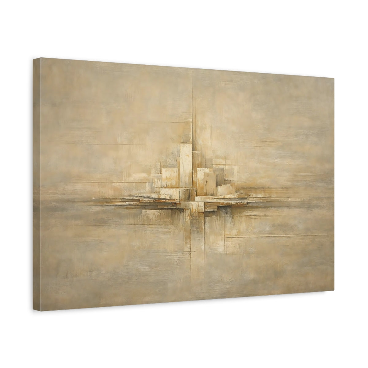 Side Mockup 3. Abstract Abstract Cityscape Beige Abstract City shown as stretched canvas wall art