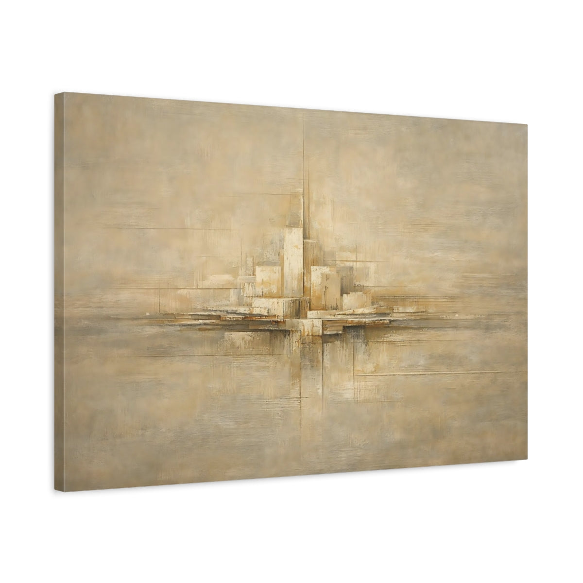 Side Mockup 2. Abstract Abstract Cityscape Beige Abstract City shown as stretched canvas wall art
