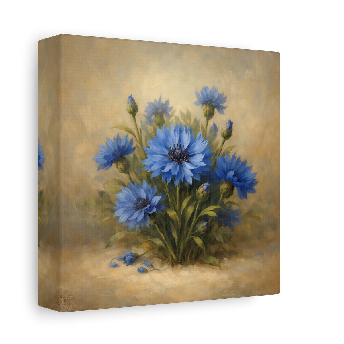 Side Mockup 1. Floral Blue Cornflowers Blue And Gold shown as stretched canvas wall art