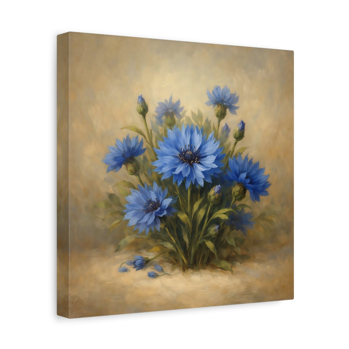 Side Mockup 8. Floral Blue Cornflowers Blue And Gold shown as stretched canvas wall art