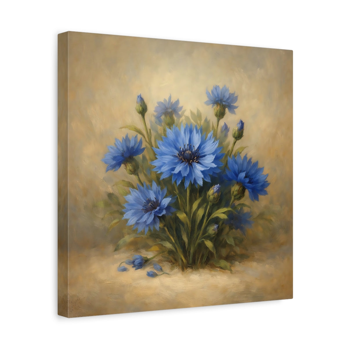 Side Mockup 7. Floral Blue Cornflowers Blue And Gold shown as stretched canvas wall art