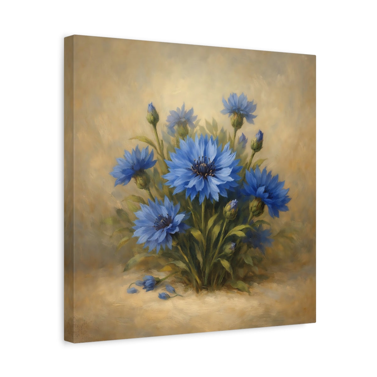 Side Mockup 6. Floral Blue Cornflowers Blue And Gold shown as stretched canvas wall art