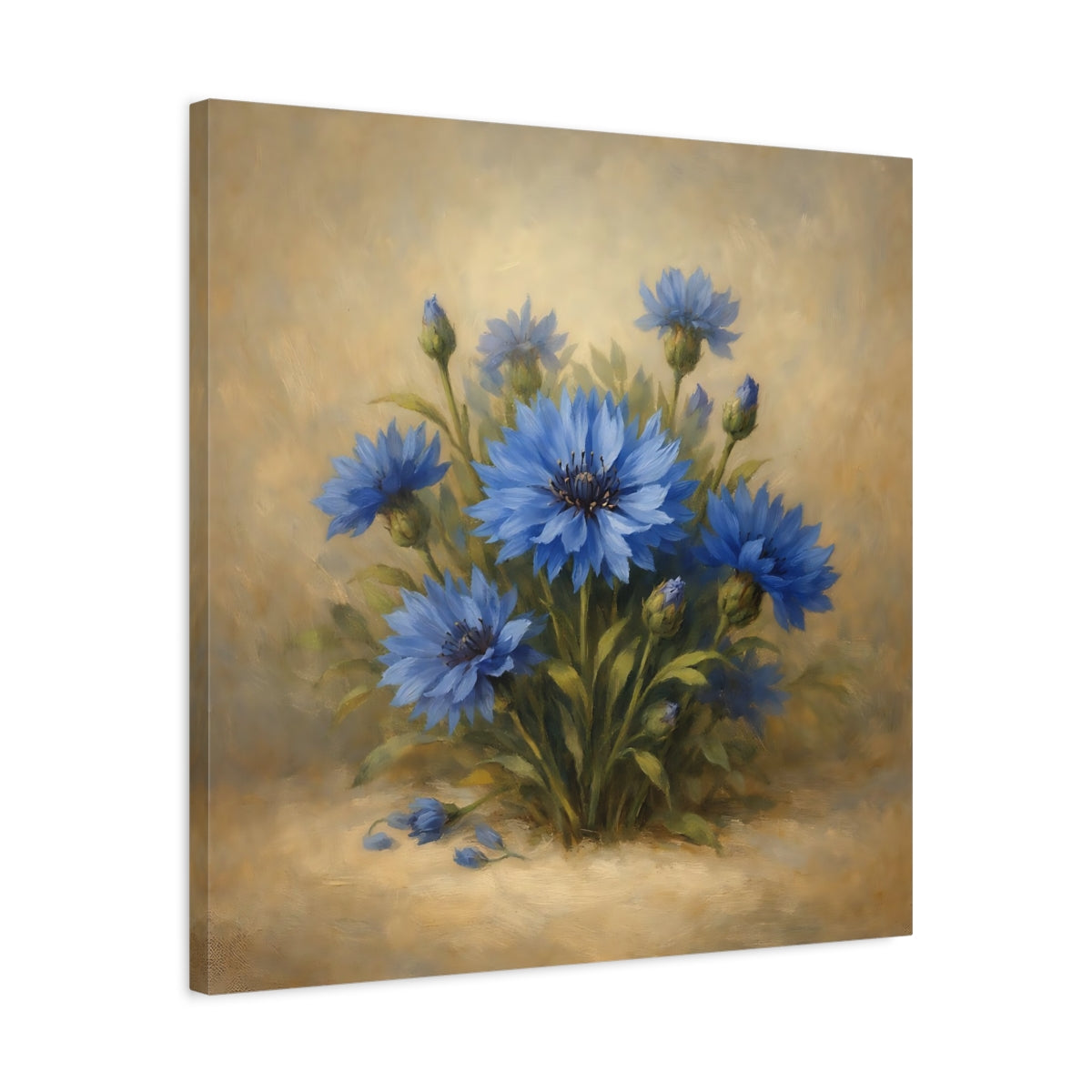 Side Mockup 4. Floral Blue Cornflowers Blue And Gold shown as stretched canvas wall art