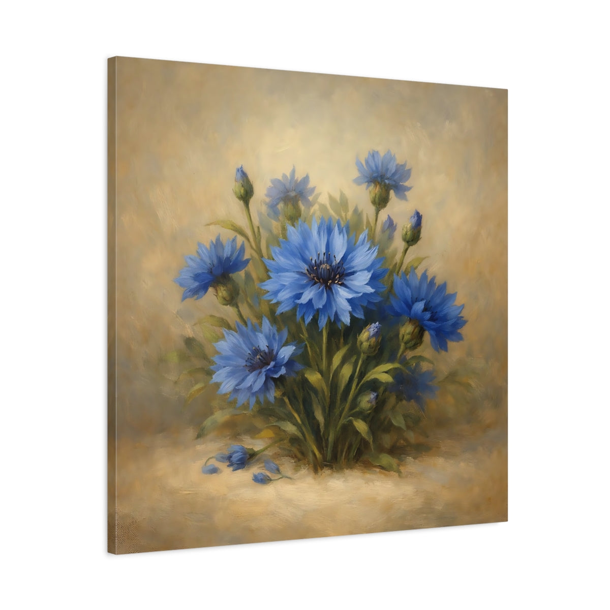 Side Mockup 3. Floral Blue Cornflowers Blue And Gold shown as stretched canvas wall art