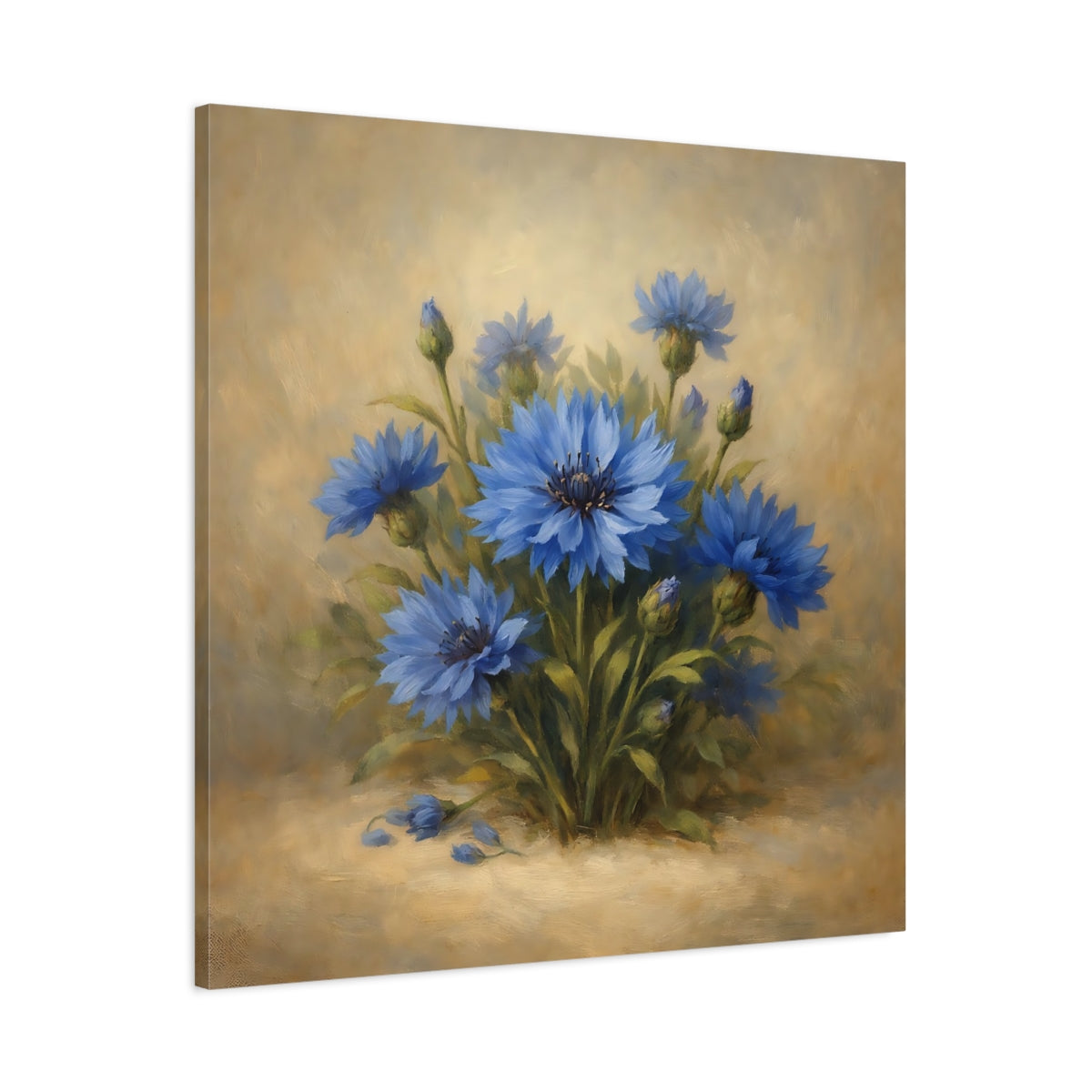 Side Mockup 2. Floral Blue Cornflowers Blue And Gold shown as stretched canvas wall art