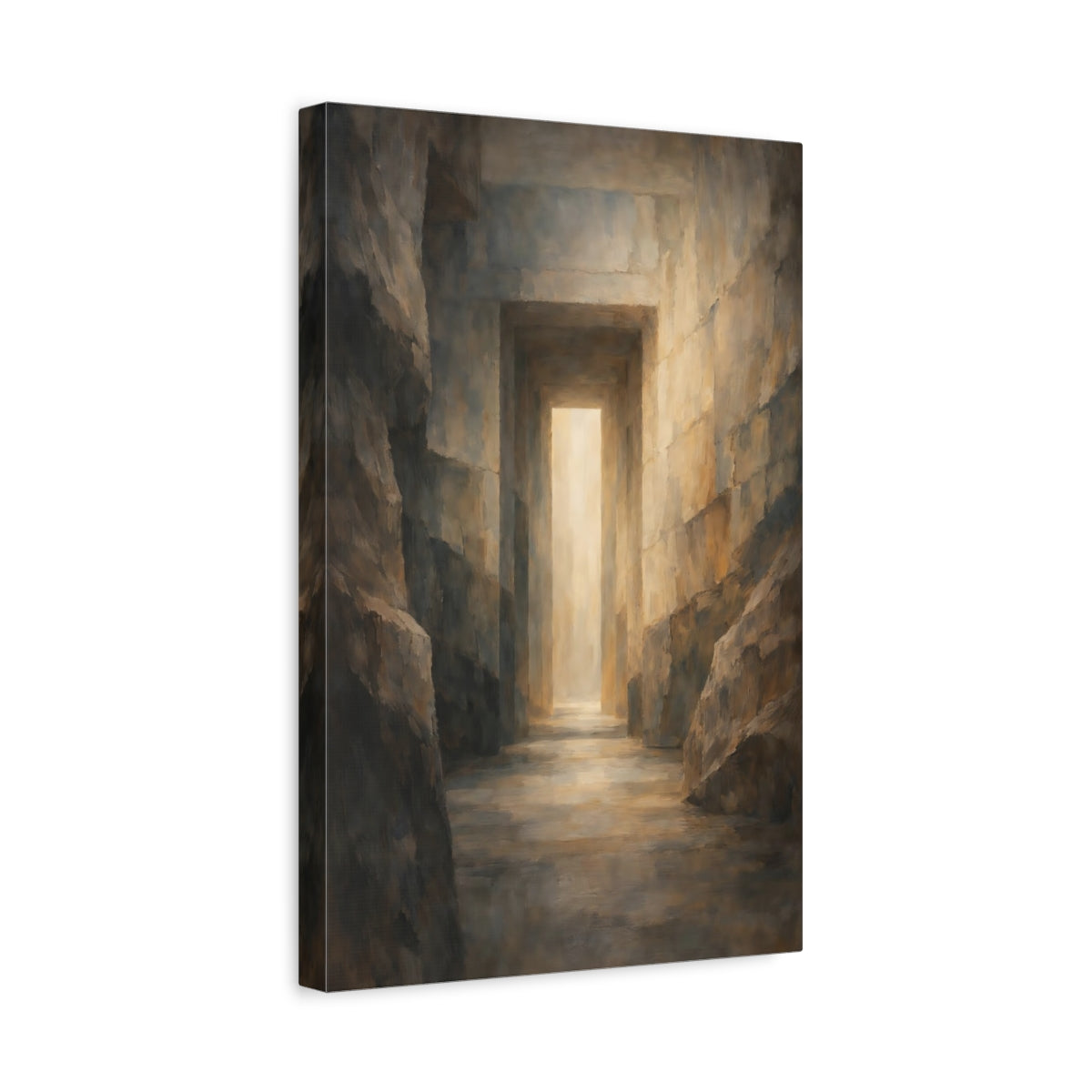 Side Mockup 4. Abstract Stone Corridor Earthy Tones Passageway shown as stretched canvas wall art