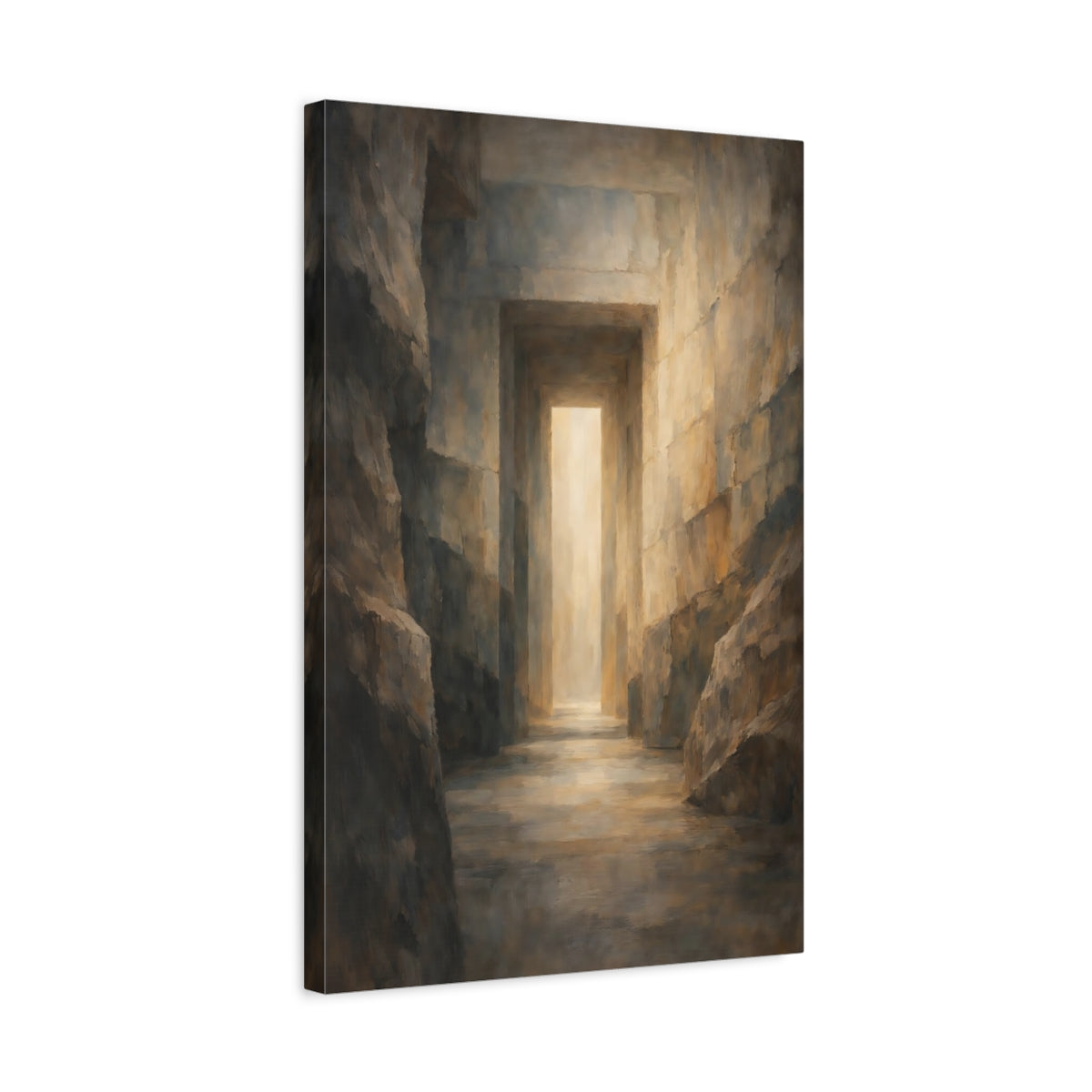 Side Mockup 3. Abstract Stone Corridor Earthy Tones Passageway shown as stretched canvas wall art