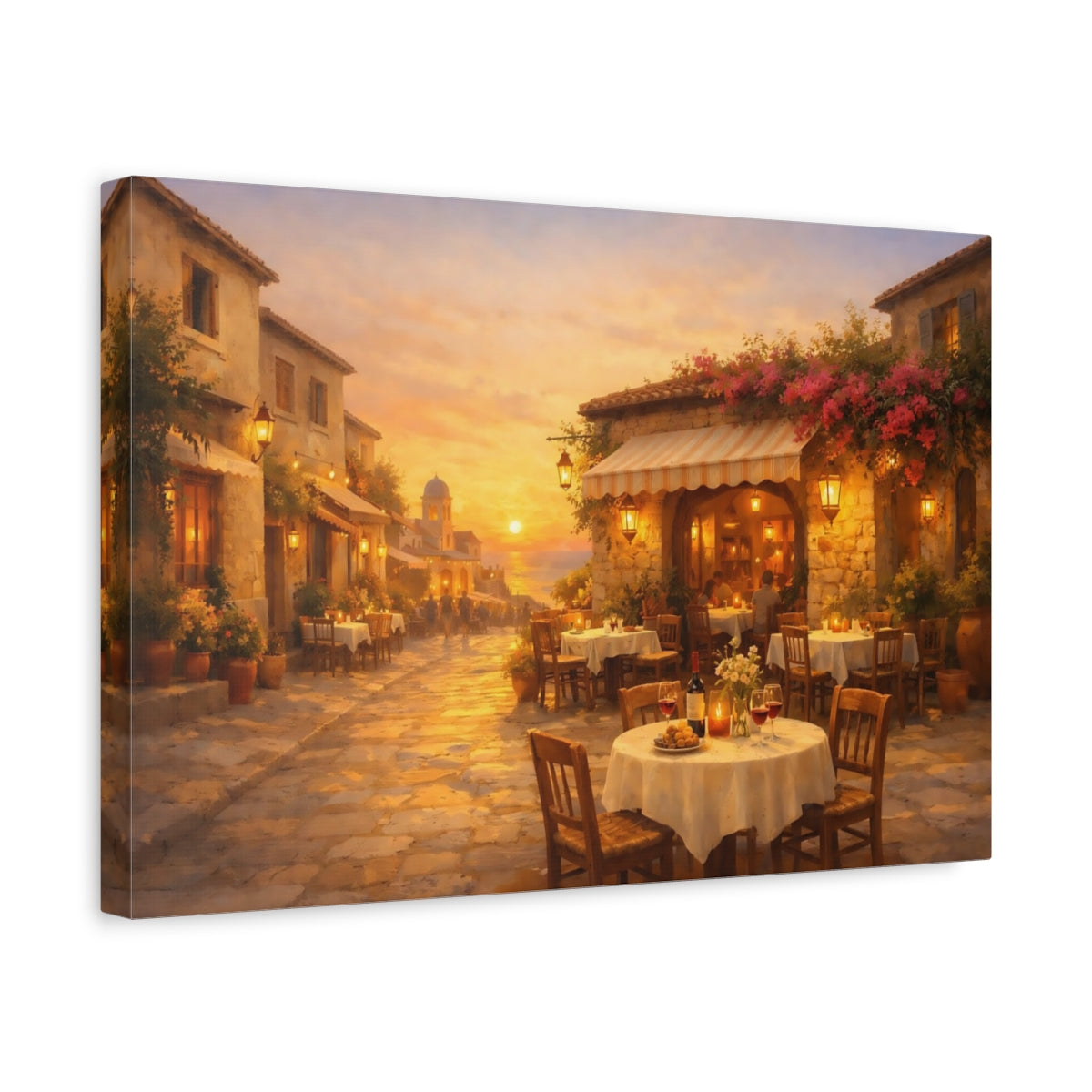 Golden Glow Mediterranean Street Cafe Vintage - Canvas Wall Art Print