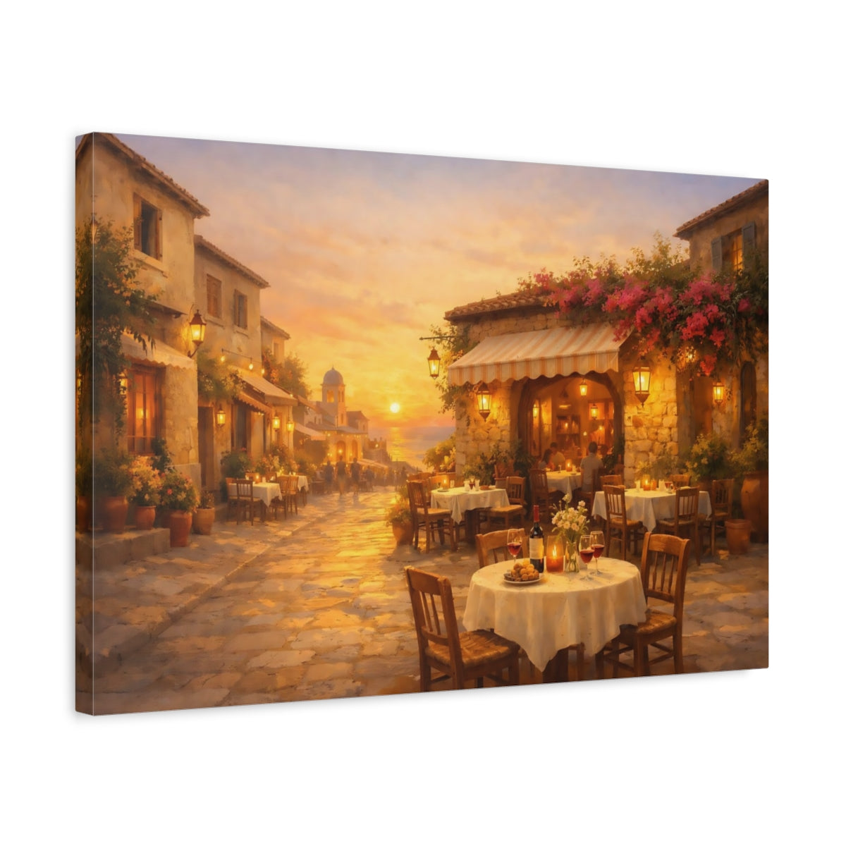 Golden Glow Mediterranean Street Cafe Vintage - Canvas Wall Art Print