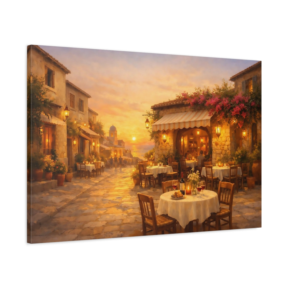 Golden Glow Mediterranean Street Cafe Vintage - Canvas Wall Art Print