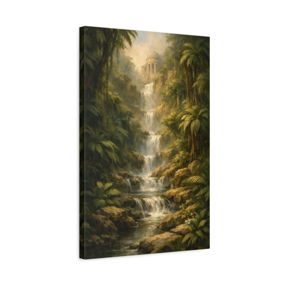 Side Mockup 3. Nature Jungle Waterfall Green Brown Landscape shown as stretched canvas wall art