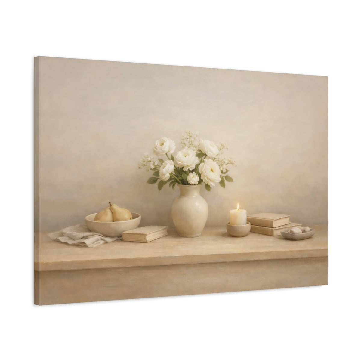 Side Mockup 1. Light Airy Minimal Table Edge Scene shown as stretched canvas wall art