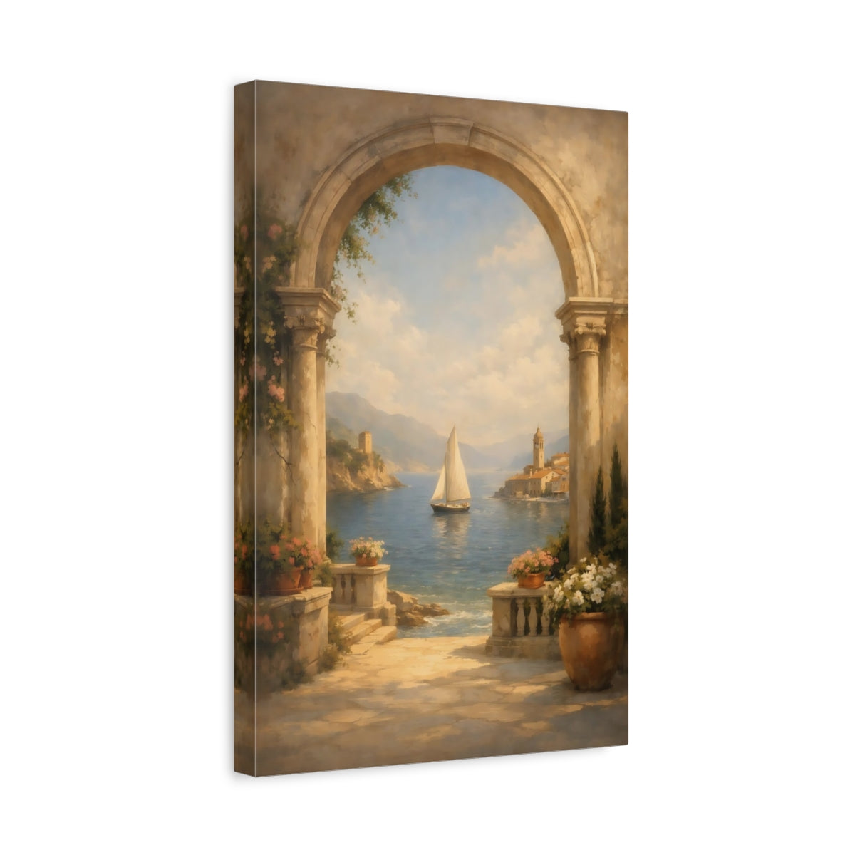 Side Mockup 4. Nature Sailboat Mediterranean Coastal shown as stretched canvas wall art