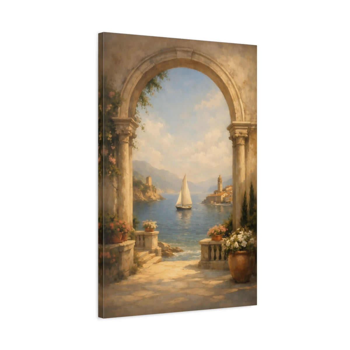 Side Mockup 2. Nature Sailboat Mediterranean Coastal shown as stretched canvas wall art
