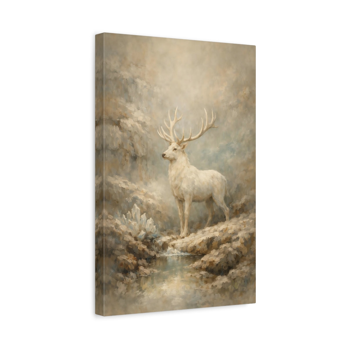 Side Mockup 4. Animals White Stag White Stag Art shown as stretched canvas wall art