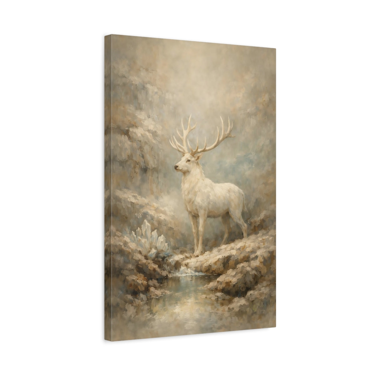 Side Mockup 3. Animals White Stag White Stag Art shown as stretched canvas wall art